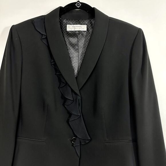 Tahari Arthur Levine Black Suit Jacket / Blazer 100% Silk Ruffle Detail Size 14 - Picture 2 of 16